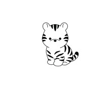 Vector Isolated Cute Cartoon Baby Tiger Colorless Black And White Drawing, Tiger Icon, Logotype, Symbol