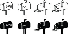 Mailbox Outline And Silhouette Clipart Set - Closed, Flag Up, Open And With Mail
