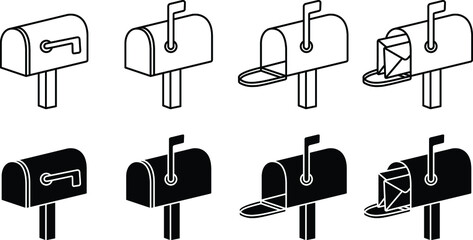Wall Mural - Mailbox Outline and Silhouette Clipart Set - Closed, Flag up, Open and With Mail