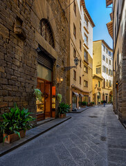 Fototapete - Narrow cozy street in Florence, Tuscany, Italy. Architecture and landmark of Florence. Cozy Florence cityscape