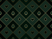 Black And Green Seamless Pattern Fabric Poker Table. Minimalistic Casino Vector Background With Golden Line Poker Card Symbol Texture