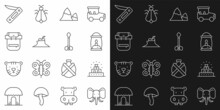Set Line Elephant, Chichen Itza In Mayan, Camping Lantern, Mountains, Tree Stump, Hiking Backpack, Swiss Army Knife And Arrow Icon. Vector