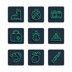 Sticker - Set line Snake, Lemon, Hunting gun, Photo camera, Mosquito, First aid kit, Hunter boots and Chichen Itza Mayan icon. Vector