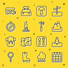 Sticker - Set line Calendar, Tree, Mountains, Mushroom, Campfire, Compass, RV motorhome vehicle and Hammer icon. Vector