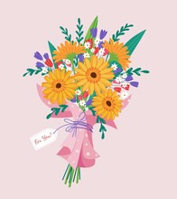 Vector Bouquet Gerbera, Of Red, Orange, Yellow, Blue And Purple Flowers Isolated On A Pink Background. March 8 Valentine's Day