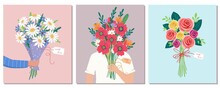 Set Of Vector Bouquet Hand Holding Chamomile, Poppies, Roses Of Red, Orange, Yellow, Blue And Purple Flowers Isolated On A Pink Background. March 8 Valentine's Day