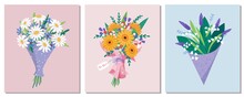 Set Of Vector Bouquet Hand Holding Chamomile, Gerbera, Lilies Of The Valley Of Red, Orange, Yellow, Blue And Purple Flowers Isolated On A Pink Background. March 8 Valentine's Day