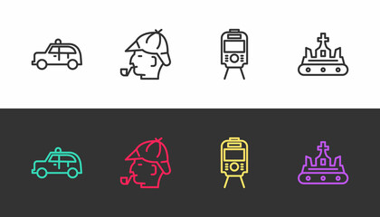 Sticker - Set line Taxi car, Sherlock Holmes, Tram and railway and British crown on black and white. Vector