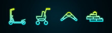 Set Line Scooter, Baby Stroller, Boomerang And Toy Building Block Bricks. Glowing Neon Icon. Vector