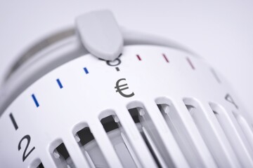 Thermostat of an heating radiator with Euro symbol, rising costs for heat and energy concept. 