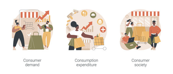 Poster - consumer society abstract concept vector illustration set. consumer demand, consumption expenditure,