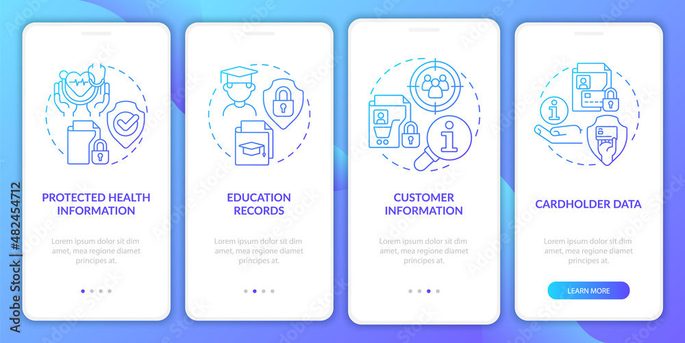 Examples of sensitive data blue gradient onboarding mobile app screen ...