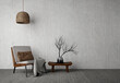 © manow - Wabi-sabi style interior mockup with chair,table,vase and floor lamp on grunge wall background.3d rendering