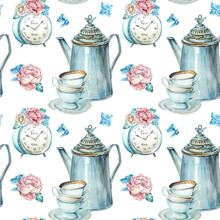 Watercolor Seamless Background With Antique Teapot, Mugs, Alarm Clock, Pink Peonies, Blue Hydrangea