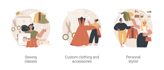 Poster - fashion style abstract concept vector illustration set. sewing classes, custom clothing and accessor