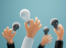 Hands Of People Holding Light Bulbs On Blue Background. Great Ideas Competition, Creative Idea Concept, 3d Render.