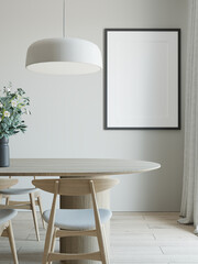 Wall Mural - Modern Bright Scandinavian Dining Room With Empty Poster Frame , 3D Rendering