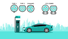 Basic Connectors For Charging An Electric Car. EV Type Adapters. Vector Illustration. Flat Design.
