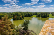 Lednice-Valtice complex, view from Minaret-observation tower for castle pond , park with trees and castle Lednice