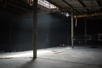 Abandoned shopping mall. Dark urban environment. Large scary place. destruction
