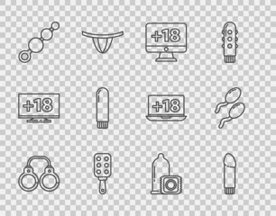 Set line Sexy fluffy handcuffs, Dildo vibrator, Monitor with 18 plus content, Spanking paddle, Anal beads, Condom and Sperm icon. Vector