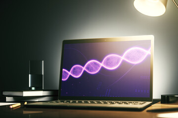 Wall Mural - Creative concept with DNA symbol illustration on modern laptop screen. Genome research concept. 3D Rendering