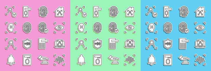 Poster - set line voice recognition, laptop with face, eye scan, fingerprint, rejection, face and icon. vecto