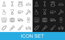 Set Line Military Jeep, Coffin With Cross, War Axe, Hiking Backpack, Reward Medal, Bomb Ready To Explode, Rocket And Cannon Icon. Vector