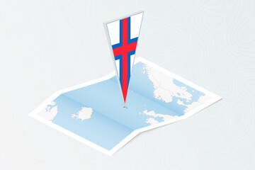 Wall Mural - Isometric paper map of Faroe Islands with triangular flag of Faroe Islands in isometric style. Map on topographic background.