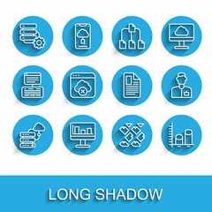 Poster - Set line Network cloud connection, Monitor with graph chart, Server and gear, Data stream, analysis, Failed access storage, Analyst engineer and File document icon. Vector
