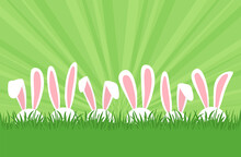 Easter Bunny Row In Grass Backgrond, Cartoon Rabbits Ears Border. Easter Eggs Hunt. Cute Holiday Banner, Greeting Card. Spring Illustration
