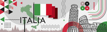 Italia National Day Banner Design. Italian Flag And Map Theme With Rome Colosseum Pisa Tower Landmark Background. Abstract Geometric Retro Shapes Of Red And Green Color. Italy Vector Illustration. 
