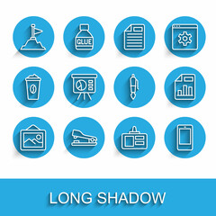 Poster - Set line Picture landscape, Stapler, Mountains with flag on top, Identification badge, Mobile phone, Board graph, Document chart and Fountain pen nib icon. Vector