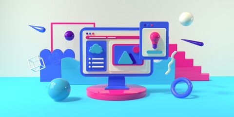 Poster - Desktop computer with a lightbulb icon and geometric shapes - 3D render