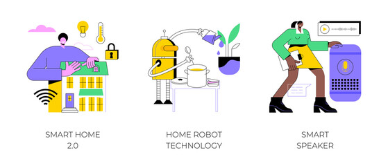 Poster - Smart living environment abstract concept vector illustration set. Smart home 2.0, home robot technology, voice-activated speaker, vacuum cleaner, interactive IoT infrastructure abstract metaphor.