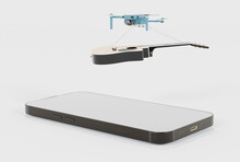 Drone With Purchases On The Phone. The Concept Of Using Drones As A Delivery Method For Online Purchases. A Modern Method Of Delivering Products From An Online Order.