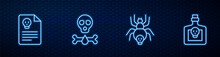 Set Line Poisonous Spider, Radiation Warning Document, Bones And Skull And Bottle With Potion. Glowing Neon Icon On Brick Wall. Vector