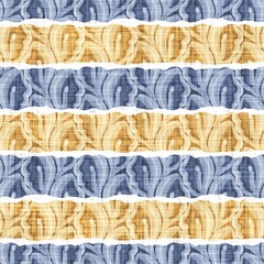 Seamless French country kitchen stripe fabric pattern print. Blue yellow white horizontal striped background. Batik dye provence style rustic woven cottagecore textile. 