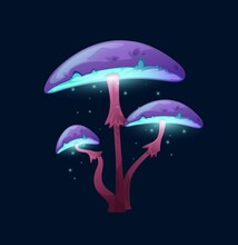 Fantasy Magic Purple Cap Mushroom. Fairytale, Alien Planet Flora Or Fauna Or Cartoon Vector Organism GUI Element. Luminous, Extraterrestrial Plant Or Mushroom With Glowing And Falling Spores
