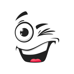 cartoon smiling face with wink eye, funny vector blink emoji with toothy smile mouth. happy facial e