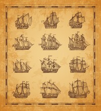 Vintage Pirate Sail Ships And Sailboats. Old Vessel Frigate, Brigantine And Caravel Sketch. Ancient Map Hand Drawn Element, Nautical Travel, Geographical Discoveries Era Engraved Vector Battleship
