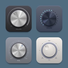 Music and sound volume knob button icons. Metallic round tuner, audio stereo system vector 3d isolated knob button for mobile application, website ui graphic. Min or max sound level, audio player app