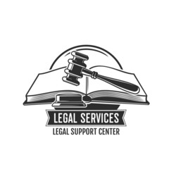 Legal service vector icon with judge gavel and open law book. Lawyer, attorney and advocate office, notary or advocacy company isolated symbol or emblem design