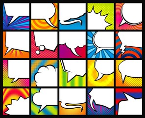 Fototapete - Cartoon speech bubble banners, pop art comics backgrounds, vector. Comics book speech bubbles or cloud balloons for text and dialog in retro halftone frame design, pop art dialog talk template