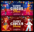 Shapito circus cartoon clowns and jesters on stage of carnival show. Vector clown characters, comic entertainers or harlequins with funny makeup, red noses and wigs, unicycle and flags, circus banners