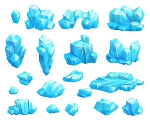 Poster - Cartoon frozen ice crystals and icicles, blocks and icebergs, magic stones game asset. Vector blue iced floes, salt mineral or cave stalagmites. Cap snowdrifts winter elements, ice crystal glass set