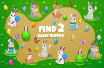 Poster - Easter kids game with cartoon bunnies and eggs. Vector education puzzle, memory game or matching riddle template, find two same Easter bunnies with eggs, flowers and butterflies on spring green grass
