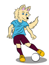 Yellow Wolf Character In Football, Soccer Uniform Plays Ball. Vector Illustration.