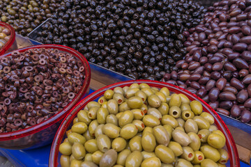 Closeup of olives for sale at a Greek market