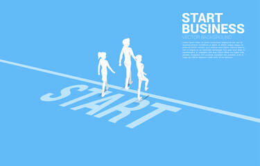 Poster - ready to start career and business. Silhouette of businesswomen and businessman walking from start line.